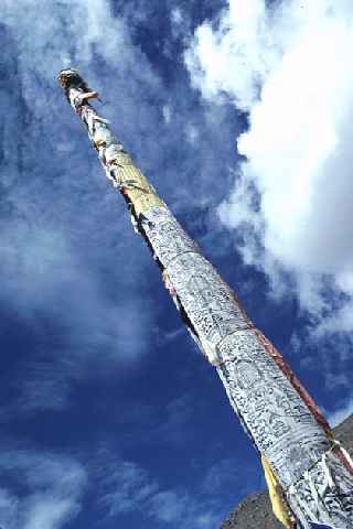 The Saint pole decorated with Kata. Tibet's totem pole.
